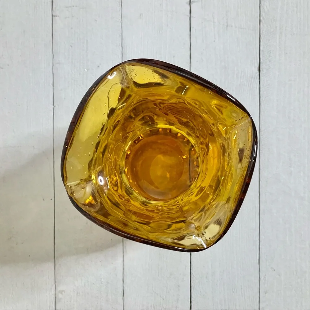 Vintage Honey Amber Marigold Hobnail Glass Ruffle Edged Vase